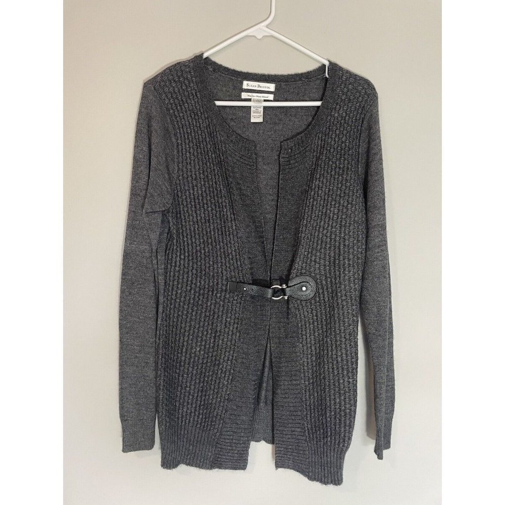 Susan Bristol Belted Cardigan Sweater Gray Merino Wool Blend Sz L‎ Front Buckle